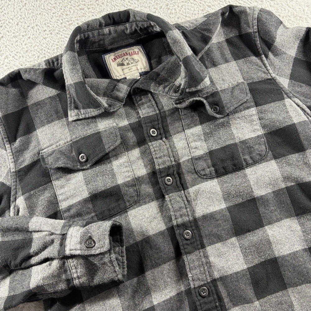 VINTAGE American Eagle Flannel Shirt Mens Medium Black Gray Buffalo Long Sleeve